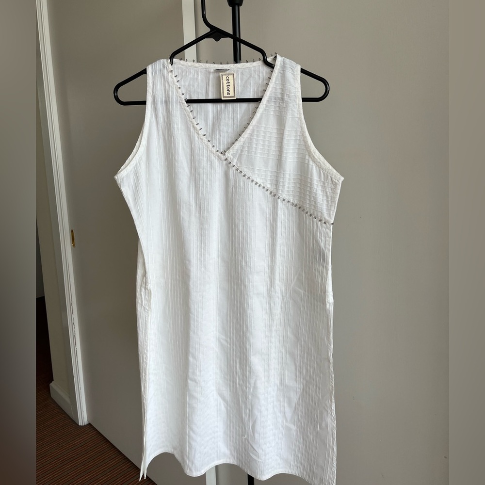 NWT Cottons brand FabIndia style white sleeveless cotton beach dress silver bead